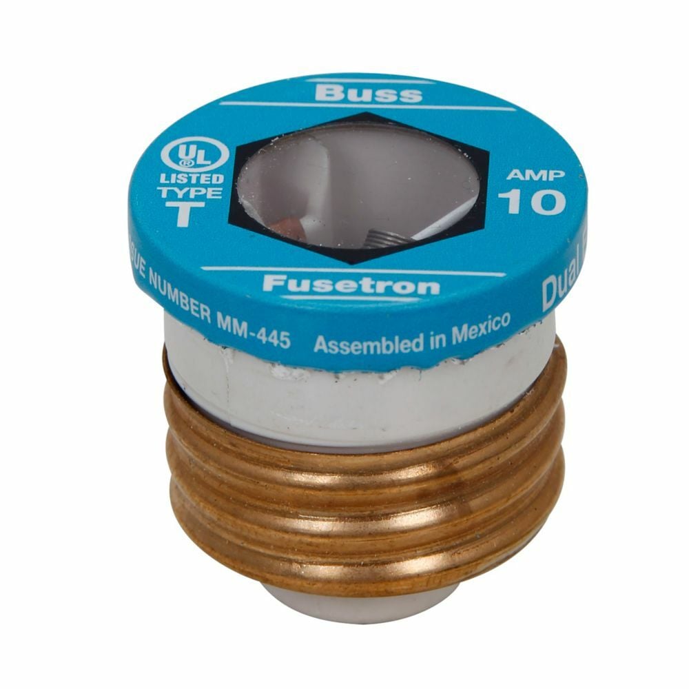 Eaton Bussmann series Type T plug fuse, plug fuse, time delay, heavy duty, 1-1/8 A, 125 Vac, 10 kAIC (RMS Symmetrical) interrupt rating, 10 kA short circuit rating, threaded mount, duel element, plastic body, brass thread, edison base