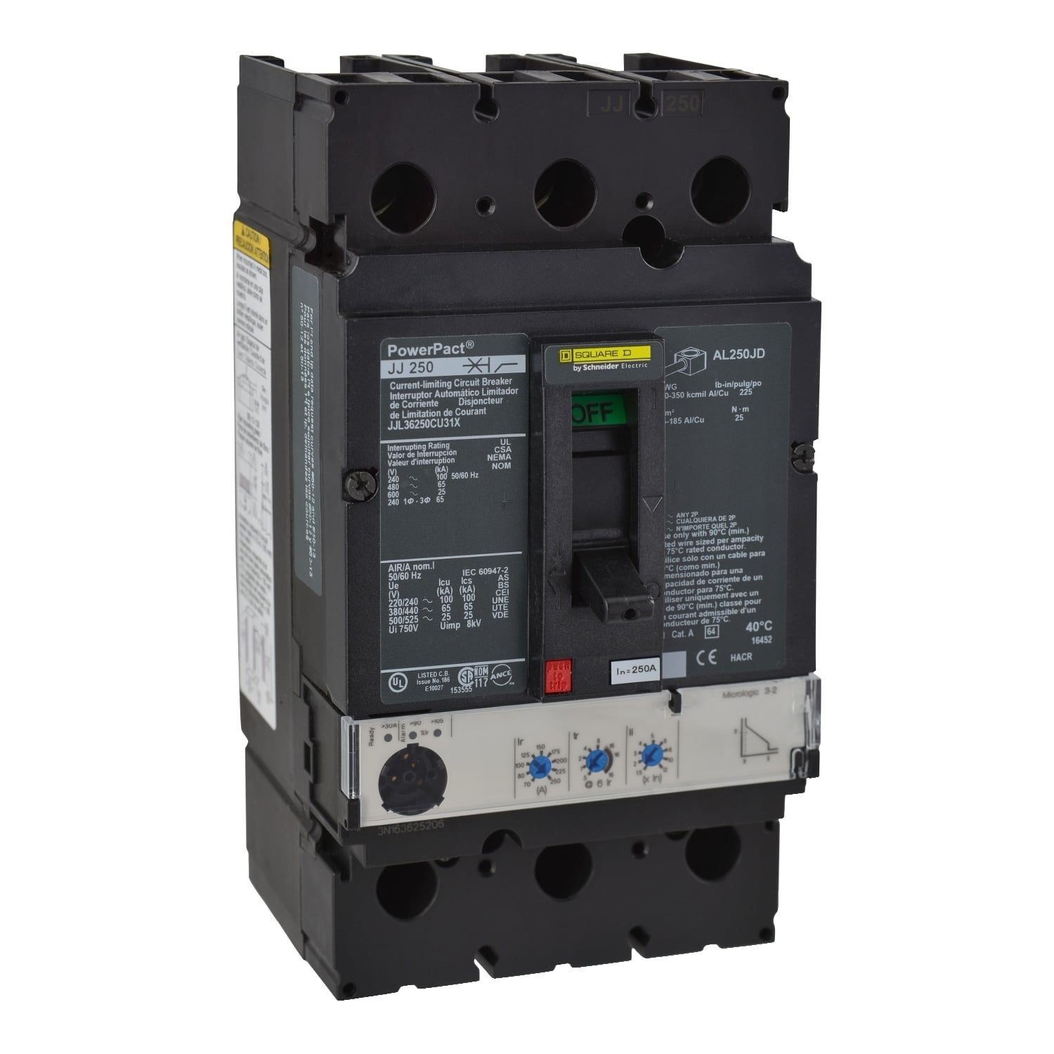 Circuit breaker, PowerPacT J, 250A, 3 pole, 600VAC, 25kA, lugs, Micrologic 3.2, 100%