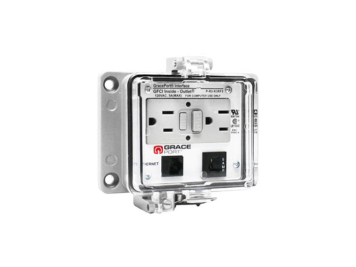 PANEL INTERFACE CONNECTOR WITH RJ45, PANEL MOUNT HOUSING, UL TYPE 4, GFCI DUPLEX INSIDE-OUTLET, 5 AMP CB