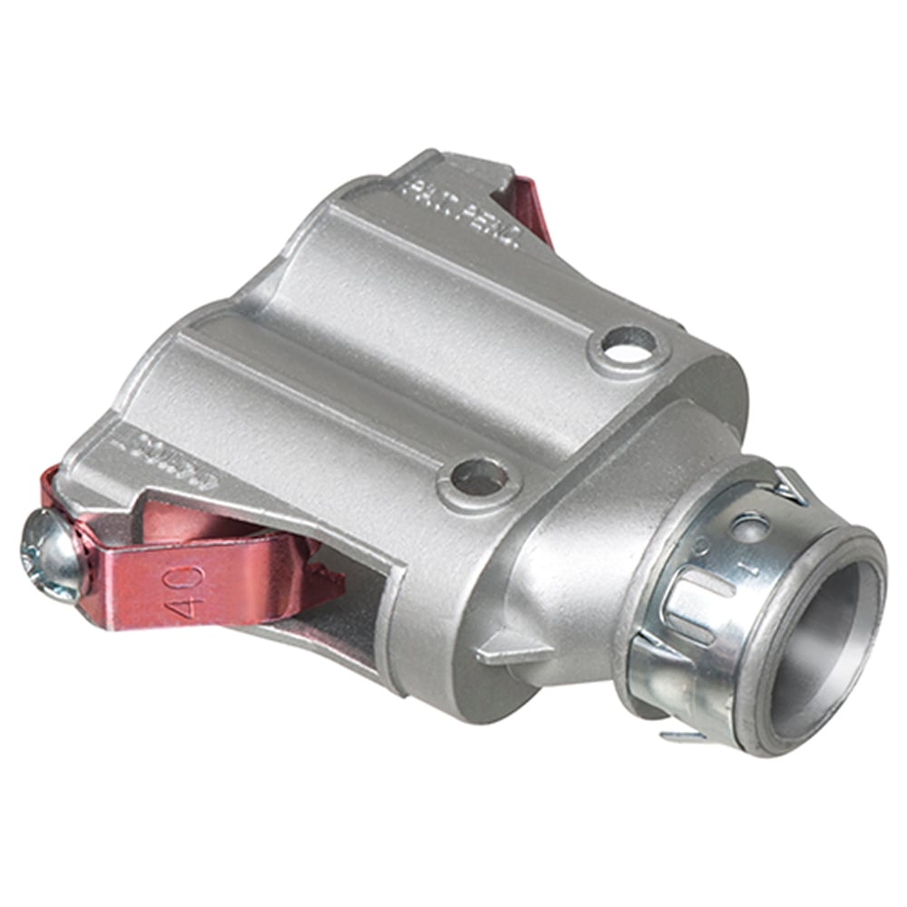 Zinc die-cast, 1/2" Knockout MC cable connector snaps quickly on to the conduit with a removable screw in spring steel clip and then snaps into knockout with external spring steel clip, no tools required. Concrete tight when taped. Wider Cable Range. Supports 2 cables.