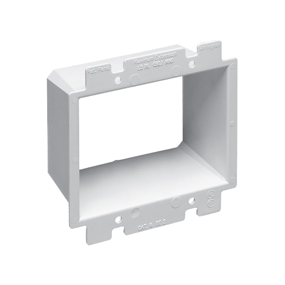Box Extender, levels and supports the wiring device where the box is set back from the wall surface extends the box up to 1-1/2". 2 hour fire rating. Two gang.