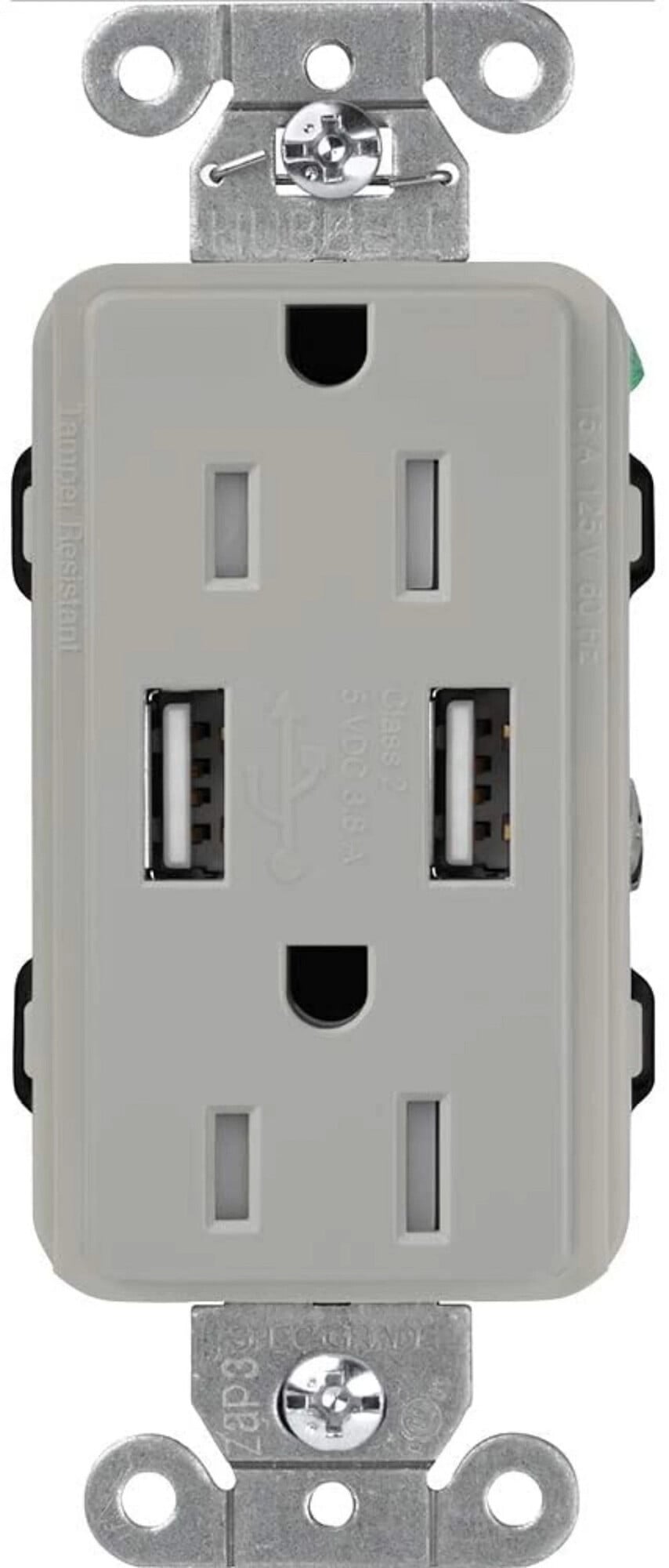 Lutron Claro USB Type A 2.0 Duplex Receptacle, 15 Amp, Gray