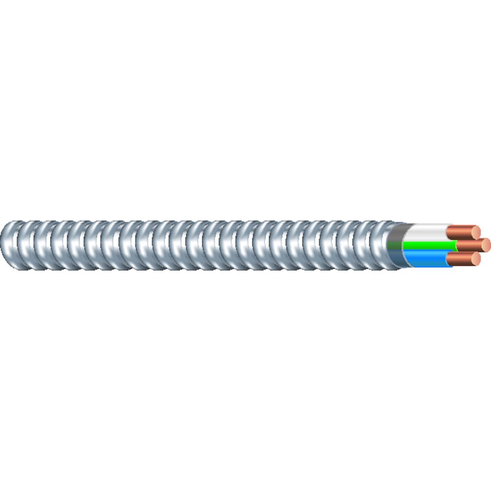 Southwire Armorlite Type MC Cable is constructed with soft-drawn copper  Type THHN/THWN-2 conductors rated 90C dry  and a bare copper grounding conductor for sizes 1/0 AWG and larger. The conductors are cabled together and a binder tape bearing the print legend is wrapped around the assembly. Aluminum interlocking armor is applied over the assembly. Also available in steel. Conductors are black with phase identification. Colors available upon request with economic order quantity.