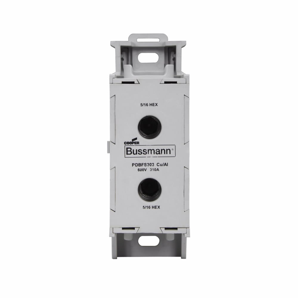 Eaton Bussmann series PDBFS power distribution block, IP-20 Finger-safe, 600 Vac, 600 Vdc, 310A, Power distribution block, SCCR: 200 kA, DIN rail, panel, Tin-plated aluminum connectors