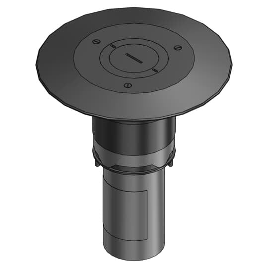 Poke-Through Furniture Feed Base Unit, 3 Inch Drill Size, 7-3/4 Inch Length, Hub Size 1-1/4 Inch and 2 Inch, Galvanized Steel, with Black Powder Aluminum Cover with 7 Inch Diameter