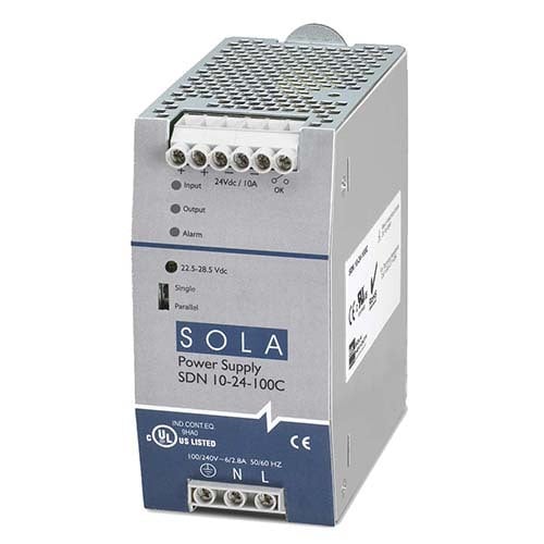 SDN-C Series Compact DIN Rail Power Supply, Nominal Output Current: 10 A (240 W), Nominal Voltage Input: 115/230 Vac, Nominal Voltage Output: 24 V, Frequency 43-67 Hz, Single Phase