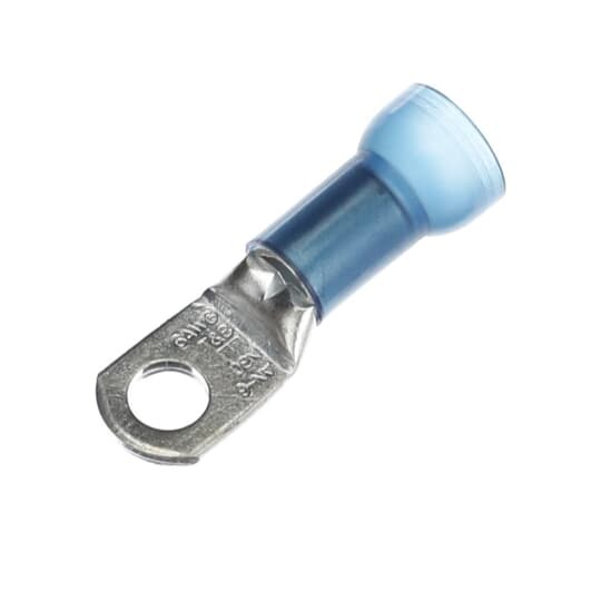 Nylon Insulated Large Ring Terminal, Length 1.65 Inches, Width .49 Inches, Maximum Insulation .420, Bolt Hole 1/4 Inch, Wire Range 6, Color Blue, Copper, Tin Plated