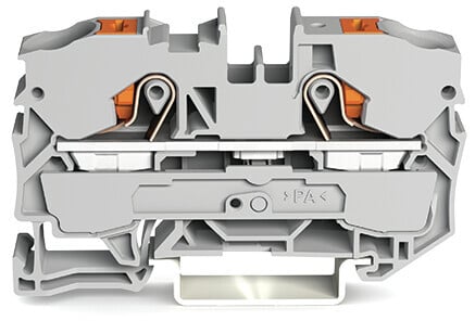 2-conductor through terminal block; with push-button; 10 mm; with test port; side and center marking; for DIN-rail 35 x 15 and 35 x 7.5; Push-in CAGE CLAMP; 10,00 mm; gray