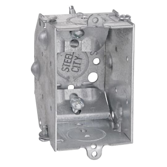Gangable Switch Box, 10.5 Cubic Inches, 3 Inches Long x 2 Inches Wide x 2-1/4 Inches Deep, 1/2 Inch Knockouts, Pre-Galvanized Steel, Beveled Corners, Non-Metallic Cable Clamps (C-1), For Non-Metallic Sheathed Cable