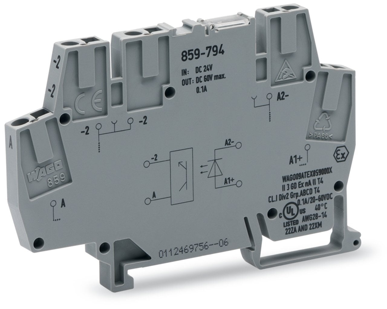 Optocoupler module; Nominal input voltage: 24 VDC; Output voltage range: 9  60 VDC; Limiting continuous current: 0.1 A; Railway; Module width: 6 mm; gray