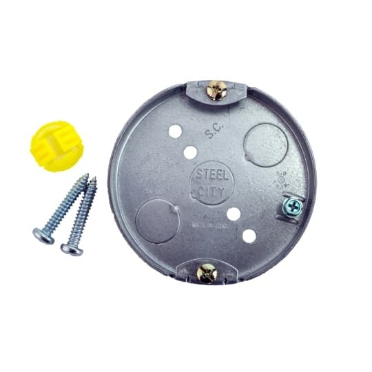 Round Ceiling Fan Box, 6 Cubic Inches, 4 Inch Diameter, 1/2 Inch Knockouts, Pre-Galvanized, Drawn Construction, with Plastic Romex Connector Included