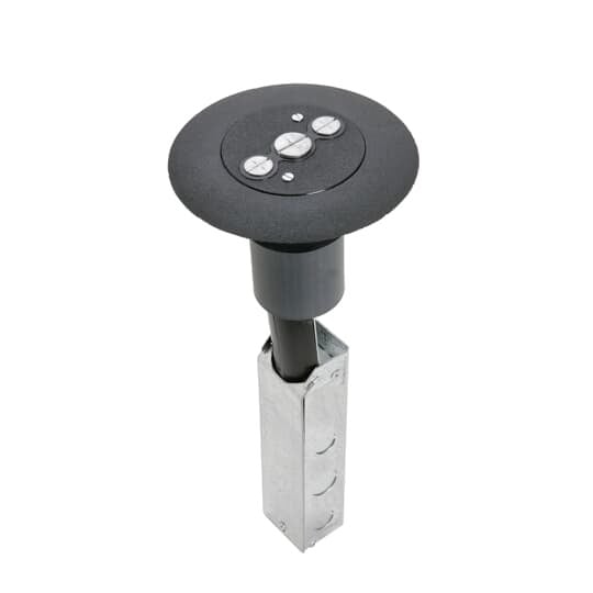 Poke-Through Furniture Feed Base Unit, 3 Inch Drill Size, 16 Inch Length, 1/2 Inch and 3/4 Inch Knockouts, Galvanized Steel, with Black Non-Metallic Cover with 7 Inch Diameter