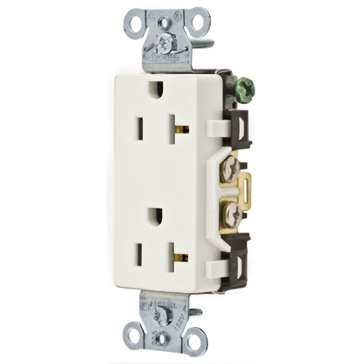 Straight Blade Devices, Receptacles, Duplex, Decorator, Commercial/Industrial Grade, 2-Pole 3-Wire Grounding, 20A 125V, 5-20R, White, Single Pack.
