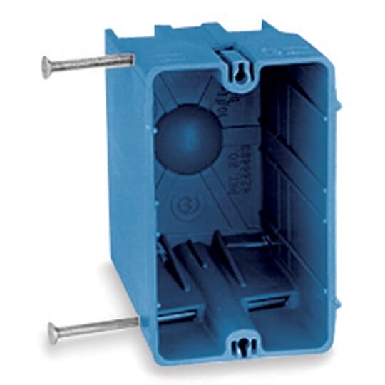 One-Gang Nail-On New Work Box, Volume 20.5 Cubic Inches, Length 3-21/32 Inches, Width 2-5/16 Inches, Depth 3-3/8 Inches, Color Blue, Material PVC, Mounting Means Recessed Angled Nails, Fast Set