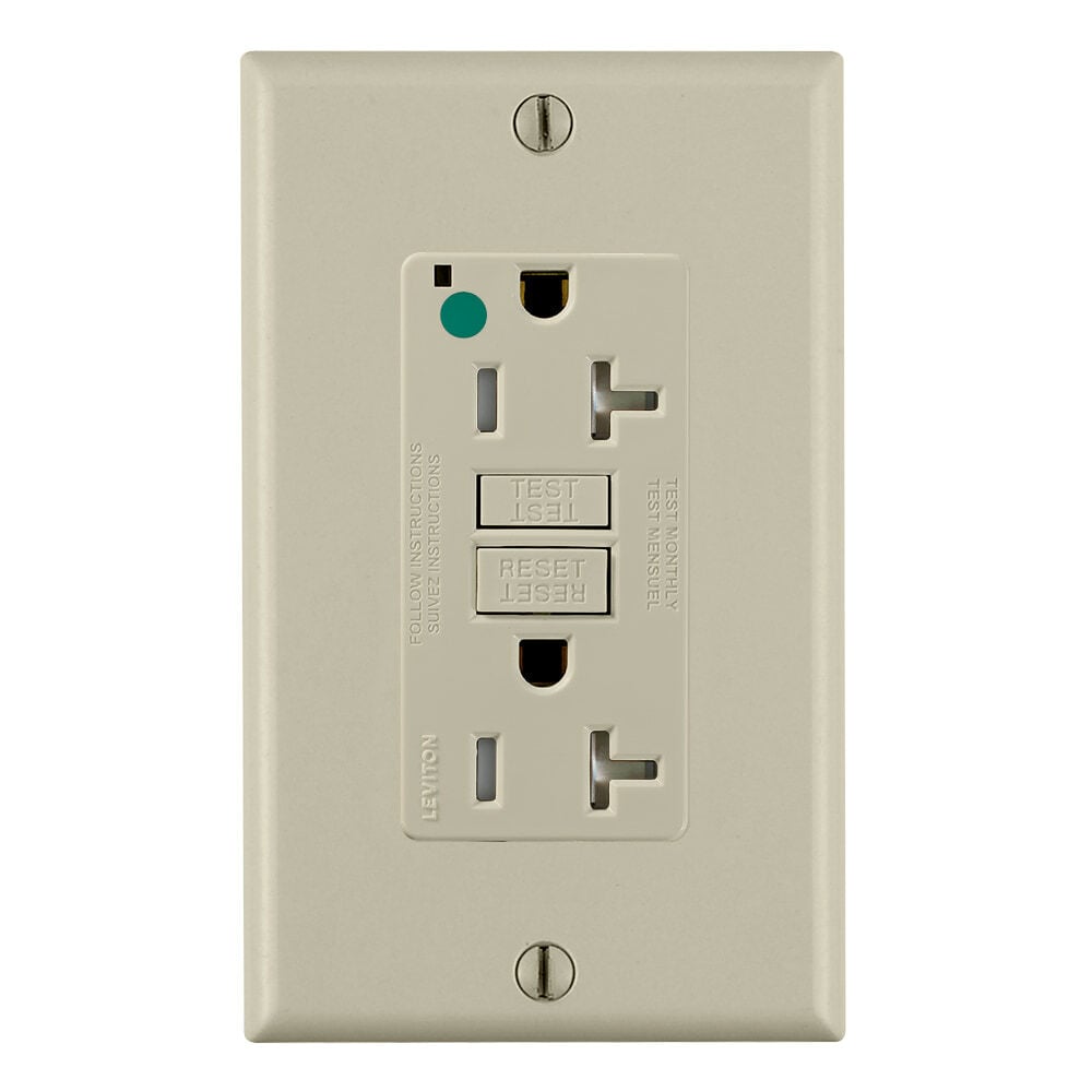 20 Amp, 125 Volt, SmartlockPro Slim Self-Test GFCI Receptacle, Extra-Heavy Duty Hospital Grade, Tamper-Resistant, NEMA 5-20R, 20A Feed-Through, 2P, 3W, Matching Wallplate Included - IVORY
