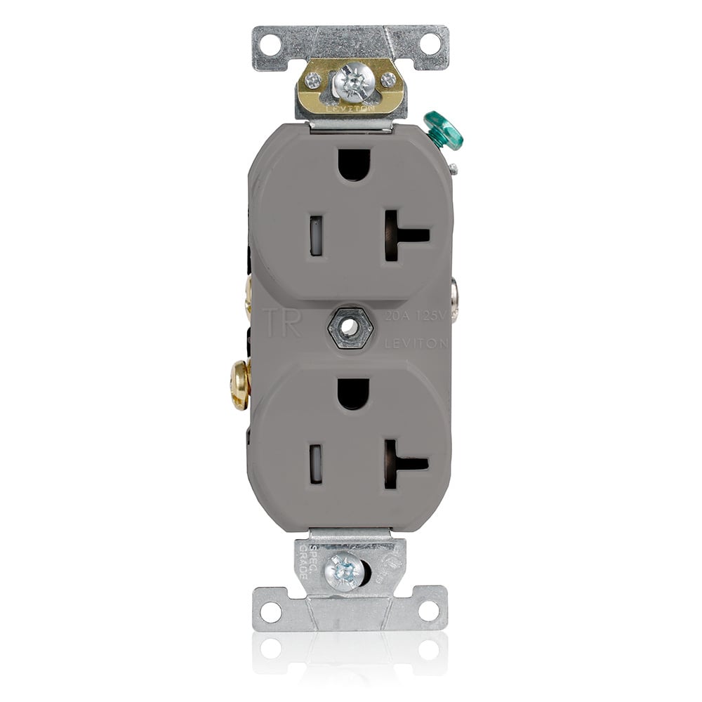 20 Amp, 125 Volt, NEMA 5-20R, 2P, 3W, Tamper Resistant, Narrow Body Duplex Receptacle, Straight Blade, Commercial Grade, Self Grounding, , Back & Side Wired, Steel Strap - GRAY