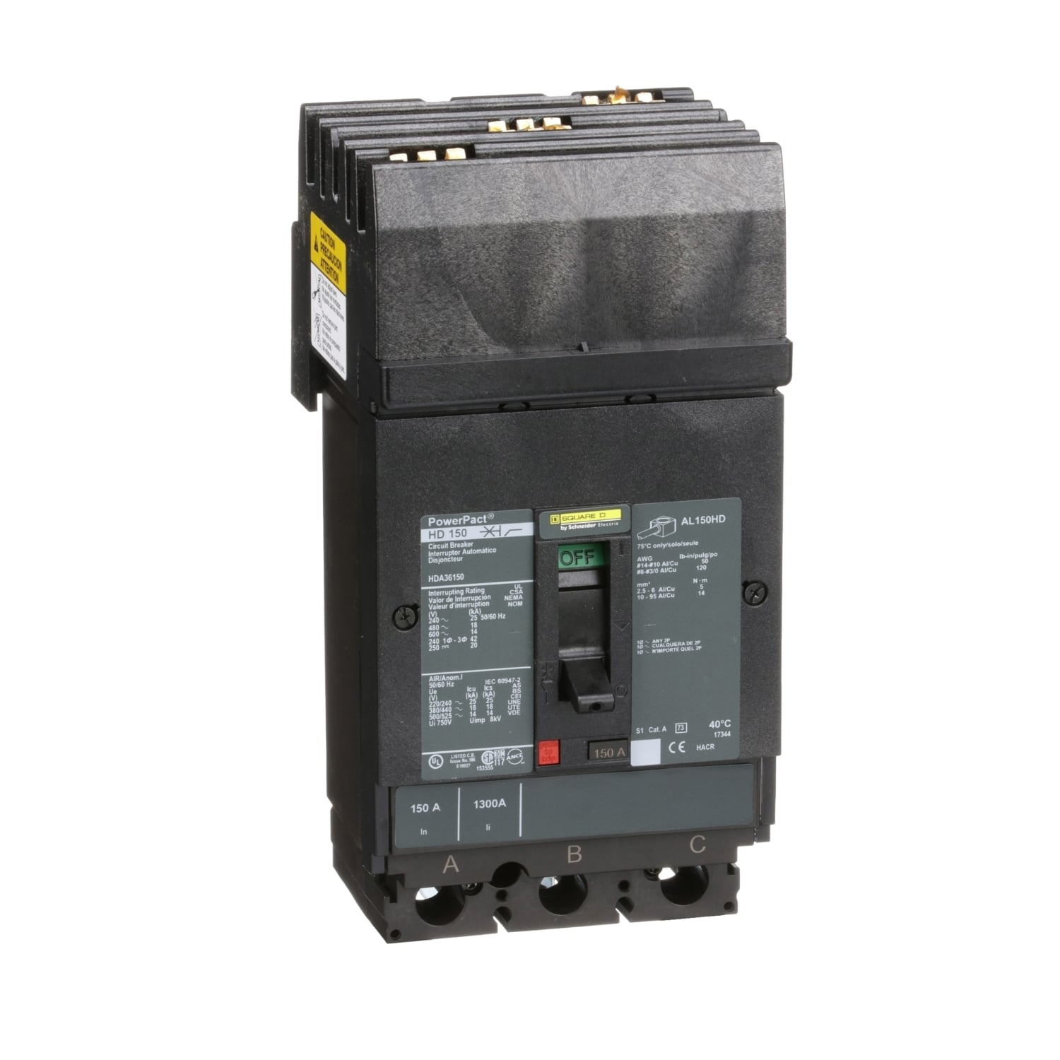 Circuit breaker, PowerPacT H, 150A, 3 pole, 600VAC, 14kA, I-Line, thermal magnetic, 80%, ABC