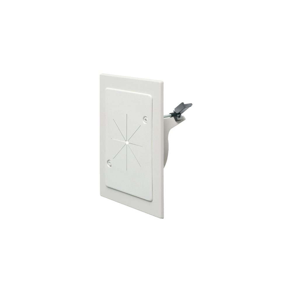 Cable entry bracket with slotted cover. White. Installs with 3-1/2 hole saw. Fits wall thicknesses from 1/4" to 1-1/2".