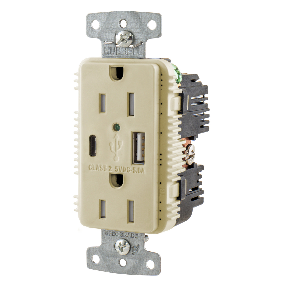 USB Charger Duplex Receptacle, 15A 125V,2-Pole 3-Wire Grounding, 5-15R, 1) 5A "C" USB and "A" Ports, Ivory