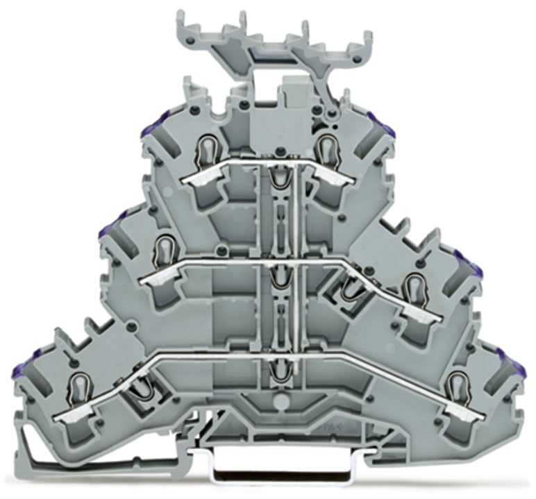 Triple-deck terminal block; 6-conductor through terminal block; L; with marker carrier; suitable for Ex e II applications; internal commoning; conductor entry with violet marking; for DIN-rail 35 x 15 and 35 x 7.5; 2.5 mm; Push-in CAGE CLAMP; 2,50 mm; gray