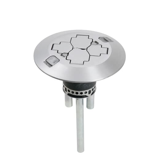 Poke-Through Base Unit, 3 Inch Drill Size, 16-1/4 Inch Length, 1/2 Inch and 3/4 Inch Knockouts, Galvanized Steel, with 1 20A Duplex Receptacle and 2 Data Jacks, City of Chicago Approved