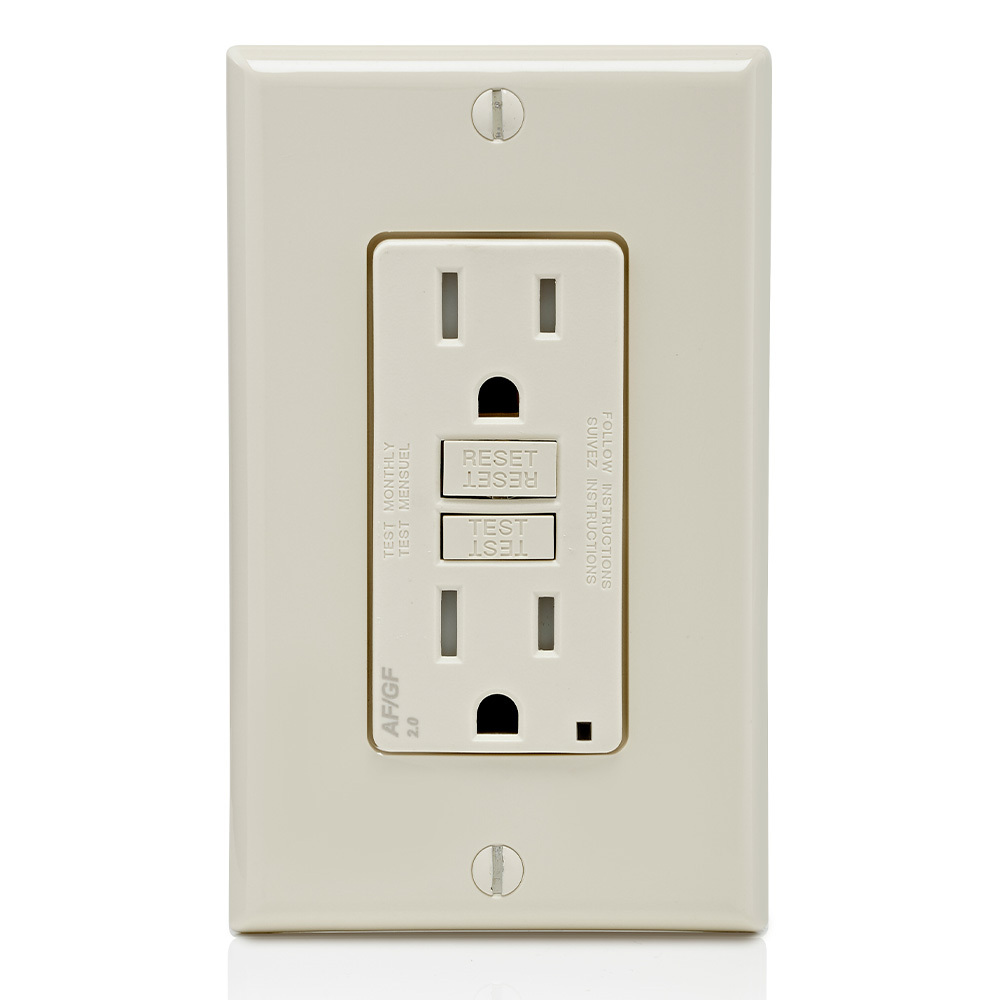 15 Amp, 125 Volt Dual Function AFCI/GFCI Receptacle, 20 Amp Feed-Through, Tamper-Resistant, Monochromatic, back and side wired, nylon wallplate/faceplate, screws and self-grounding clip included  Light Almond