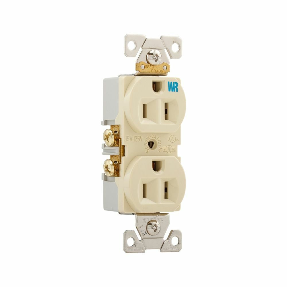 Eaton commercial specification grade duplex receptacle, #14-10 AWG, 15A, Commercial, Flush, 125V, Back and side, Ivory, Brass, Weather resistant, Impact-resistant nylon face, Glass-filled nylon base, 5-15R, Duplex, Screw, Nylon, Core pack