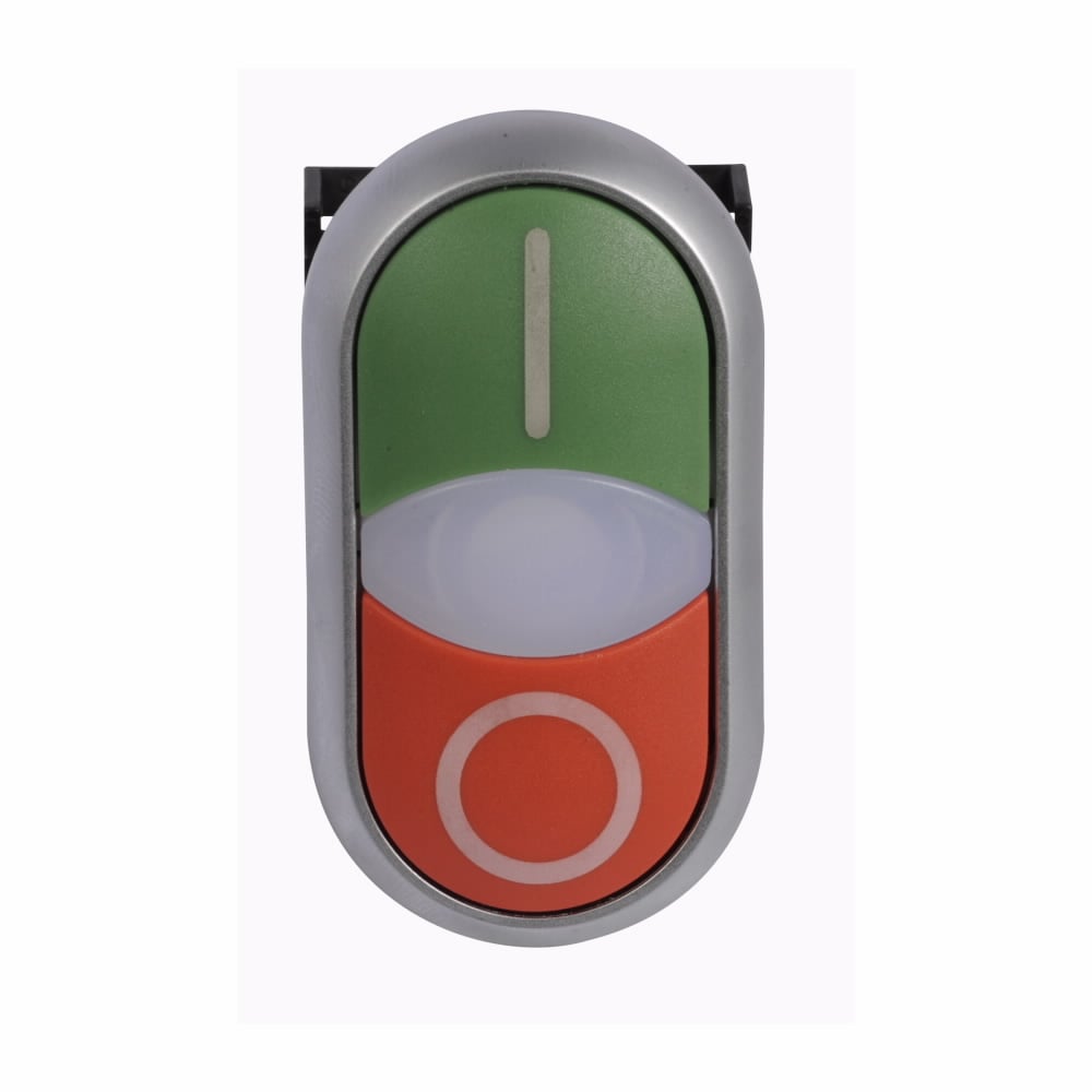 Eaton M22 modular pushbutton, 22.5 mm, Top Flush, Bottom Extended, Momentary, Illuminated, Bezel: Silver, Button: Top Green, Bottom Red, Inscription: Top I, Bottom O/ X1, X0, IP66, NEMA 4X, 13, Light 100,000 hours, Button 200,000 Operations