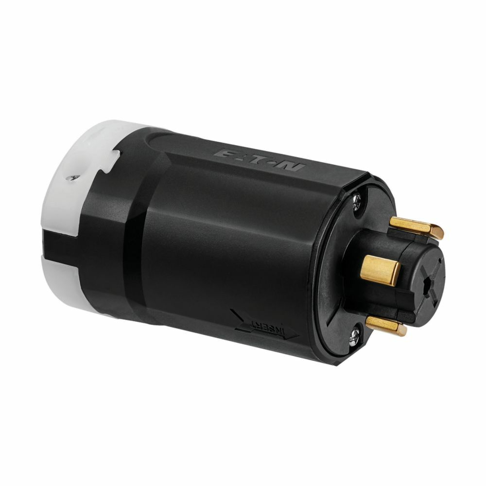 Eaton Arrow Hart locking plug , #12-4 AWG, 20A, 30A, Industrial, 600/250V, Black, white, Brass, Ultra grip, Non-NEMA, Three-pole, Four-wire, Nylon