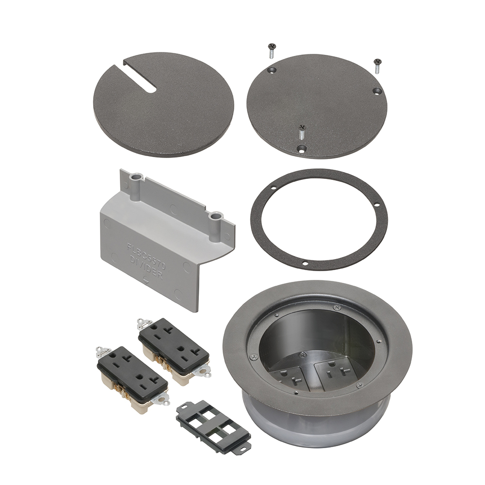 Kits come with two installed receptacles, ultra thin stamped steel flange, and flush-to-the-floor in-use and blank covers. Includes a low voltage keystone holder for up to 4 low voltage ports. Installs easily into our 5.5" round concrete box (FLBC5500). Cover is powder-coated black.