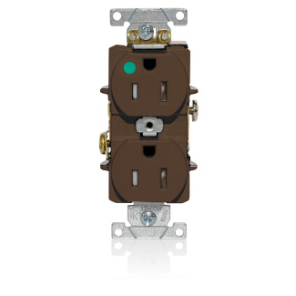 Duplex Receptacle, Tamper-resistant, Hospital Grade, 2-Pole 3-Wire Grounding, NEMA 5-15R, 15A-125V, Flat Face, Back And Side Wired, Brown. 1-piece Ground-Contractor Pack