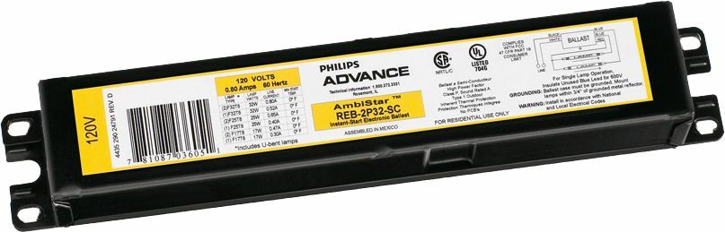 Signify Lighting, Ballast, AmbiStar, Residential, eFluo Fix, Min Start Temp -18C, Amps 1.57A, Average Life 43800HRS, Volts 120V, Watts 32W, Non Dimmable, Number of Lamps 4, Ballasts Factor 0.81PCT, Input Frequency 50/60HZ, Programmed Start No, Certifications are ULISOFCCCSA, RoHS