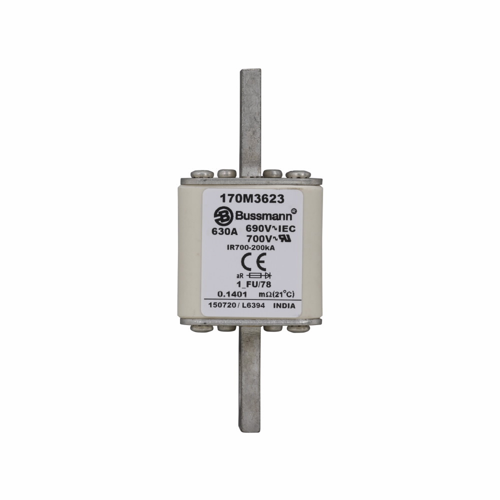 Eaton Bussmann series high speed square body fuse, 700V (UL), 690V (IEC), 630A, 200 kAIC, None, Fuse, Blade end X blade end, Class aR - 170M3623