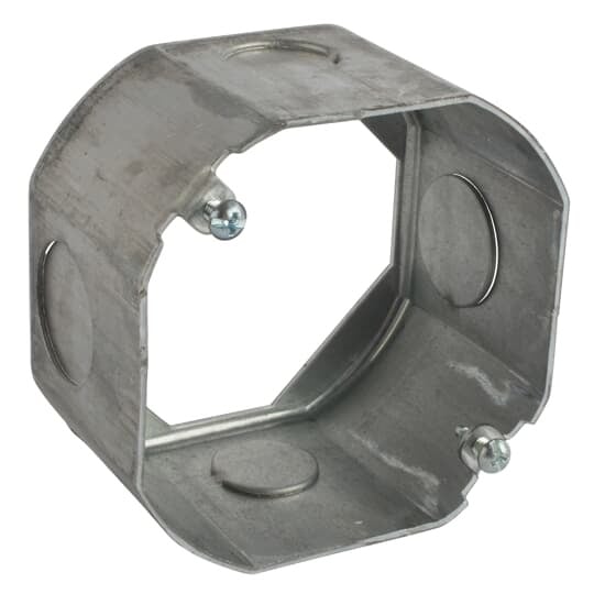 Octagon Box Extension Ring, 21.5 Cubic Inches, 4 Inch Diameter x 2-1/8 Inch Deep, 1/2 Inch and 3/4 Inch Knockouts, Pre-Galvanized Steel