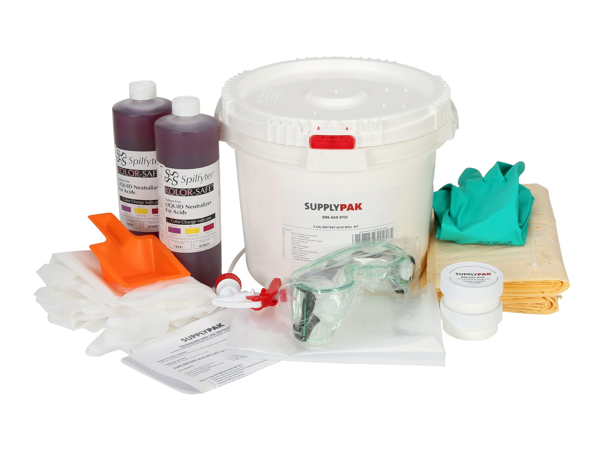 Dimensions: Top Diameter: 10.48", Height: 9.17" Capacity: 26 lbs. of battery acid contaminated waste. Includes: UN-rated, DOT approved 2.5 gal container with locking lid, 4 mil poly liner, liner tie, protective splash goggles, nitrile gloves, poly apron, liquid acid neutralizer with trigger sprayer, liquid locking polymer, absorbent hazmat pads, plastic scoop with detachable scrapper, MSDS document, instructions. Notes: High density plastic with vapor tight lid. No disposal or return shipping included. complies with OSHA 1910.178(g)(2). Restrictions: Not for export.