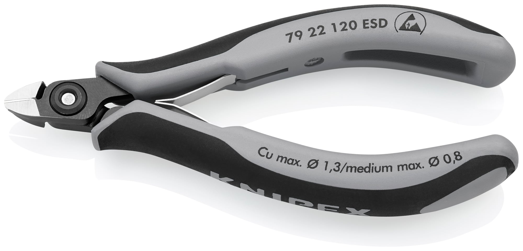 Electronics Diagonal Cutters-ESD Handles, 4 3/4 in., Multi-Component, Polished, Flush Cut, Oval Head, Up to 1/32 Medium Wire