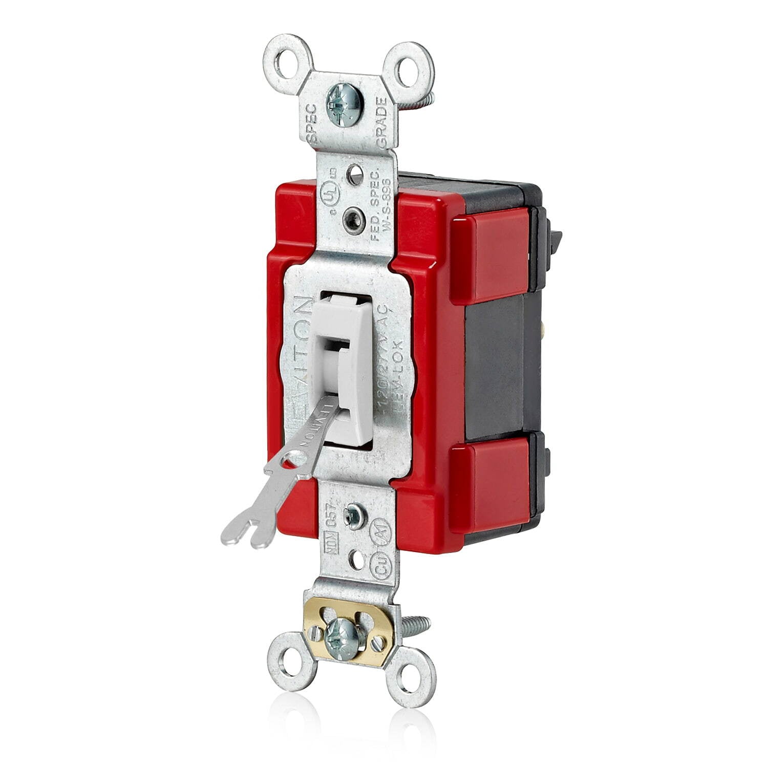 20 Amp, 120/277 Volt, 3-Way AC Tamper-Resistant Key Toggle Switch, Extra Heavy Duty Specification Grade, Self Grounding, Lev-Lok Modular  WHITE