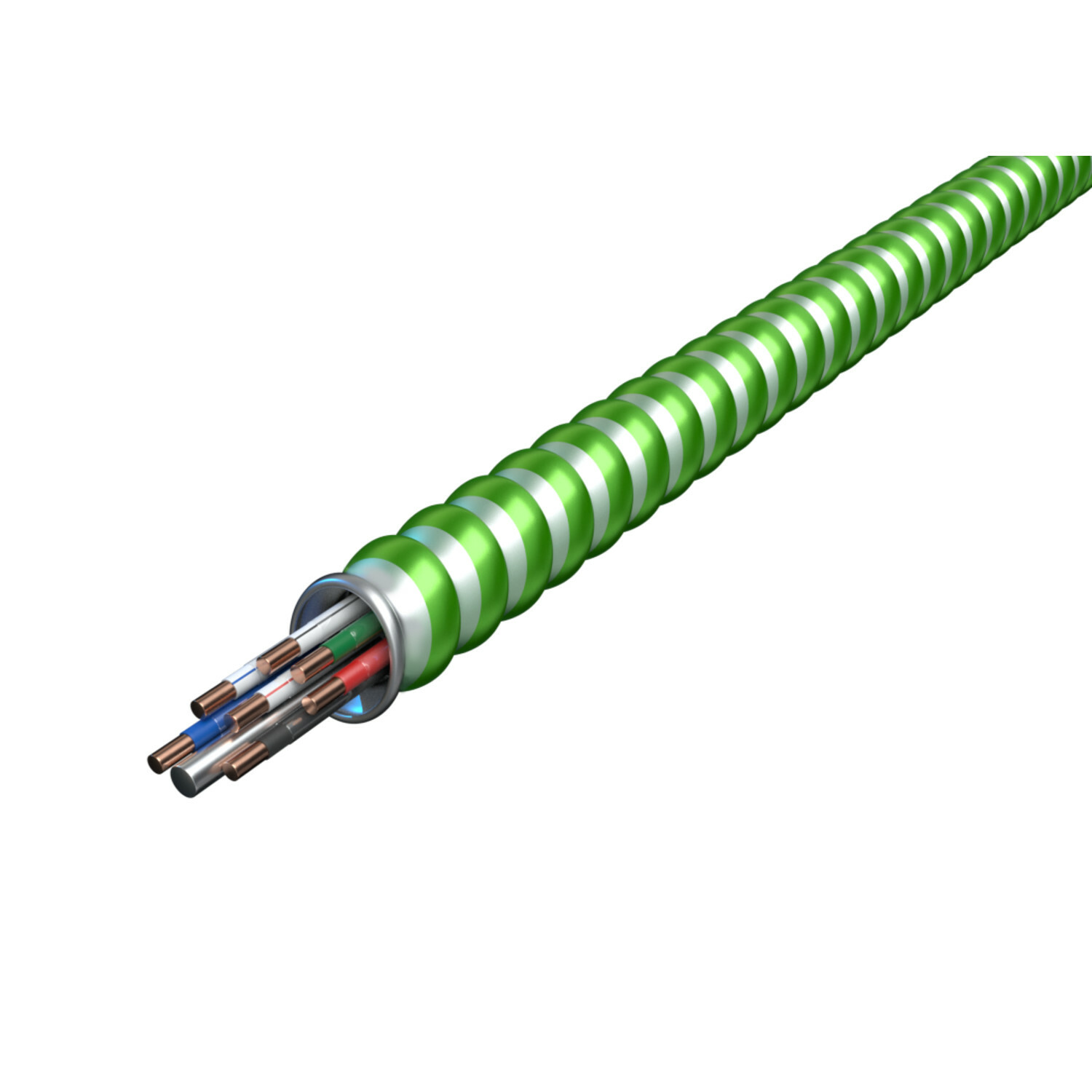 12-3/12-3/12-1 Solid Black, Red, Blue, White/black stripe, White/red stripe, White/blue stripe, Green - 10-1 Solid Aluminum Bond Wire - MC Stat Plus Lime Green Interlocked Galvanized Steel Armor - Type MCI-A - 1000' Reel