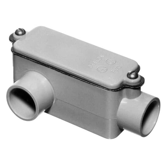 Type LR Conduit Body, Volume 12 Cubic Inches, Size 3/4 Inch, Length 6-9/32 Inches, Width 2-1/32 Inches, Material PVC, Color Gray, For use with Schedule 40 and 80 Conduit, Pack of 10