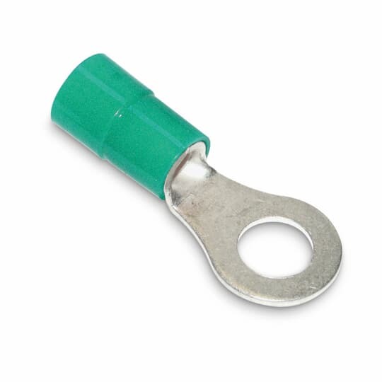 Nylon Insulated Heavy-Duty Ring Terminal, Length 1.21 Inches, Width .54 Inches, Maximum Insulation .210, Bolt Hole 5/16 Inch, Wire Range #16-#14 Heavy Duty, Color Green, Copper, Tin Plated