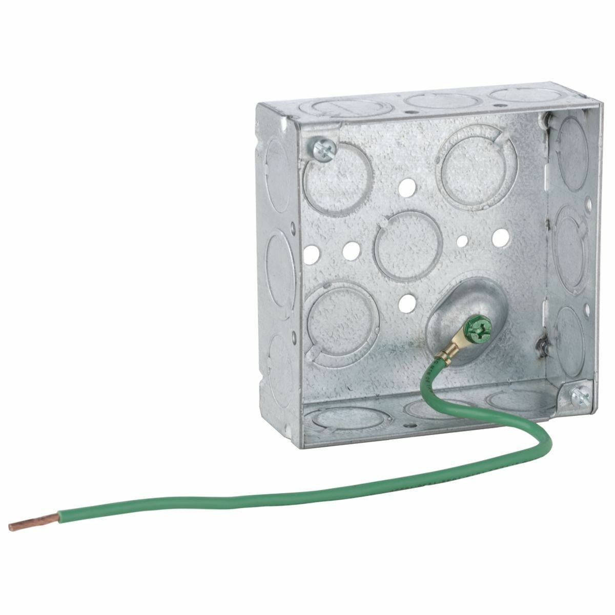 4 In. Square Boxes, 1-1/2 In. Deep - Welded with Conduit KO's, 600V,Raised Ground, 10 In. #12 Stranded Copper Pigtail