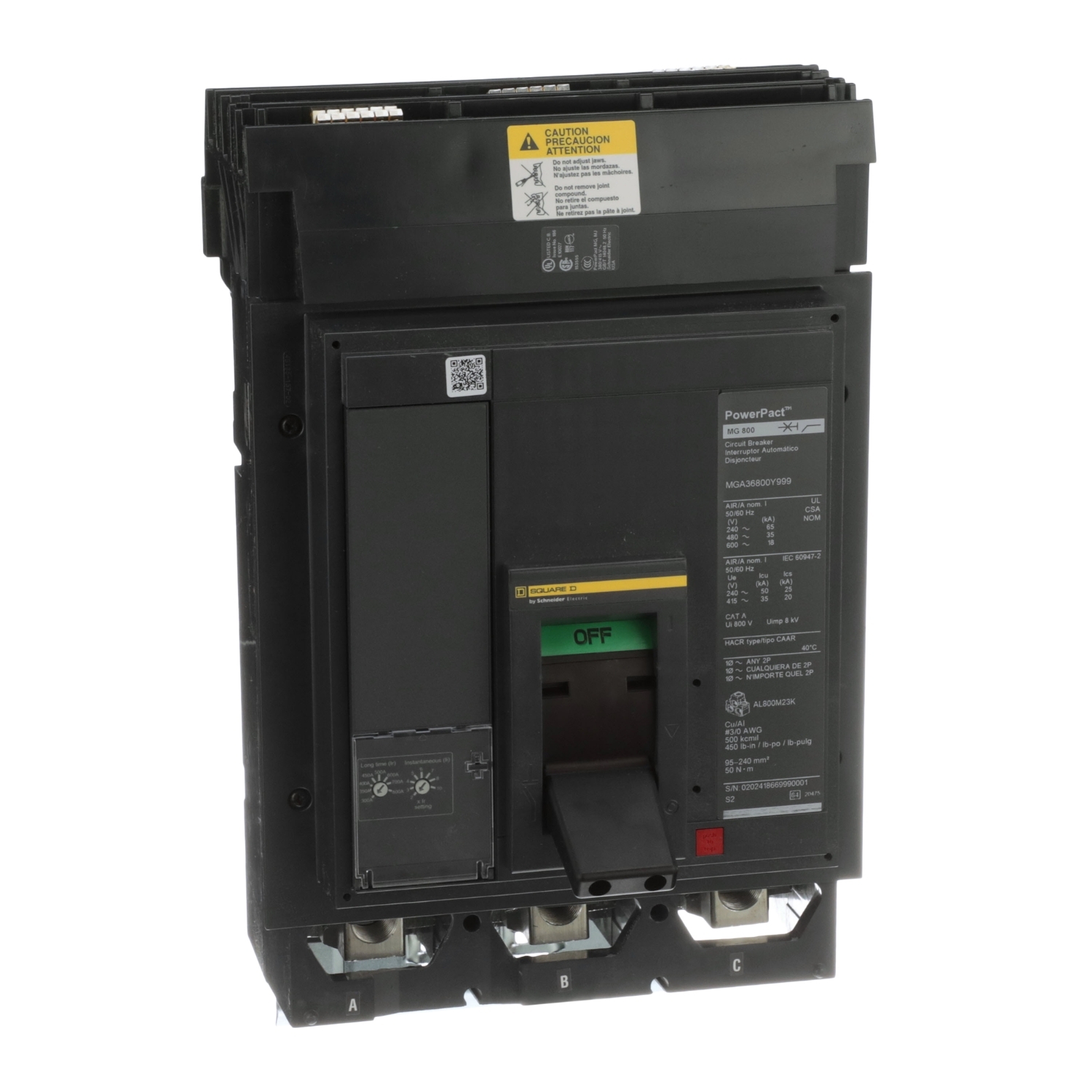 Circuit breaker, PowerPacT M, 300A to 800A, 2 pole, 600VAC, 18kA, I-Line, adjustable trip, 80%, AC
