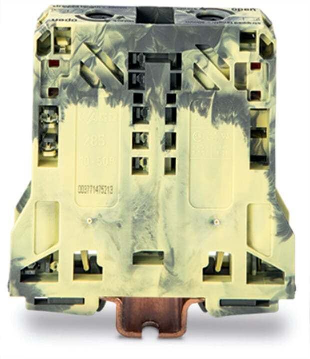 2-conductor through terminal block; 50 mm; lateral marker slots; only for DIN 35 x 15 rail; POWER CAGE CLAMP; 50,00 mm; dark gray-yellow