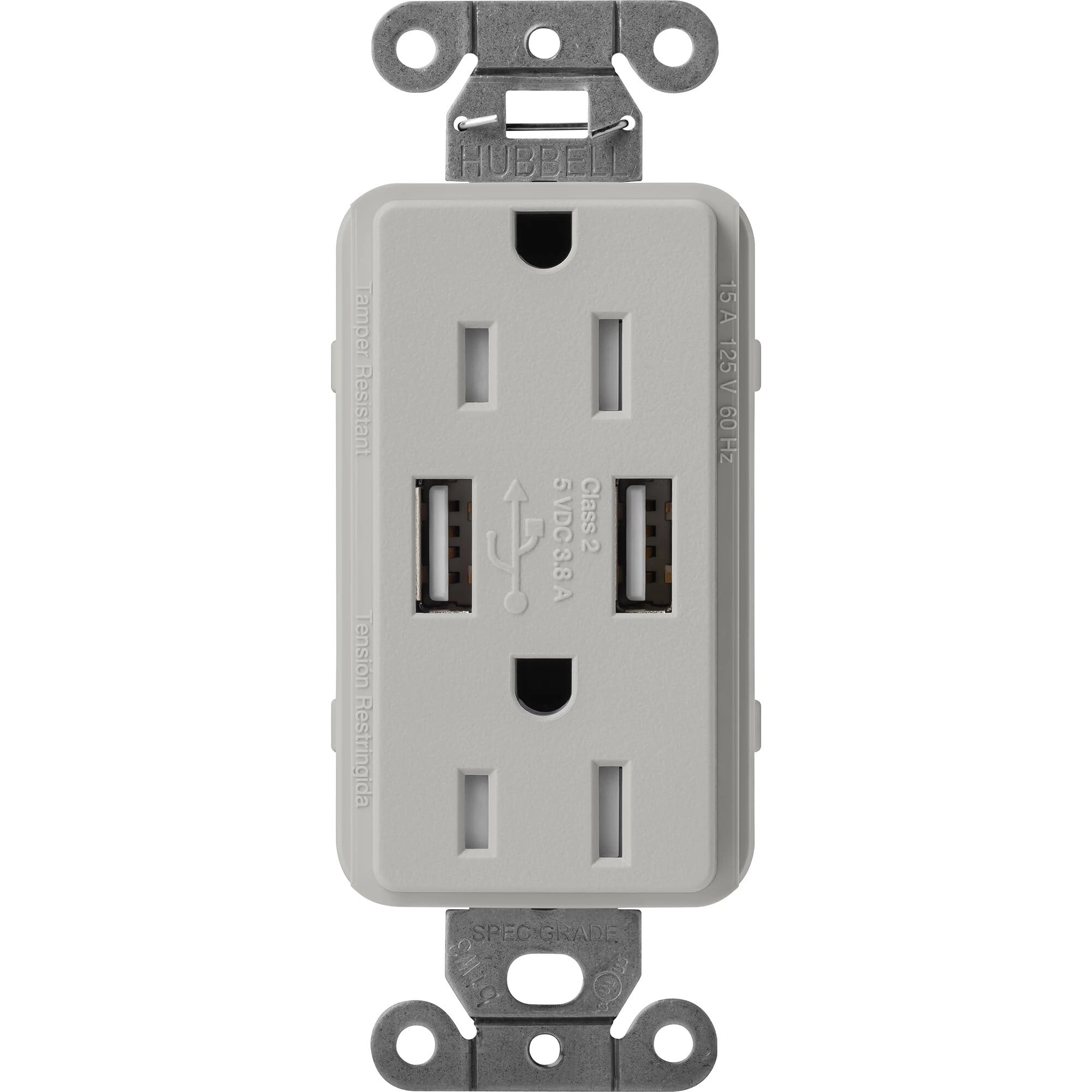 Lutron Claro USB Type A 2.0 Duplex Receptacle, 15 Amp, Pebble