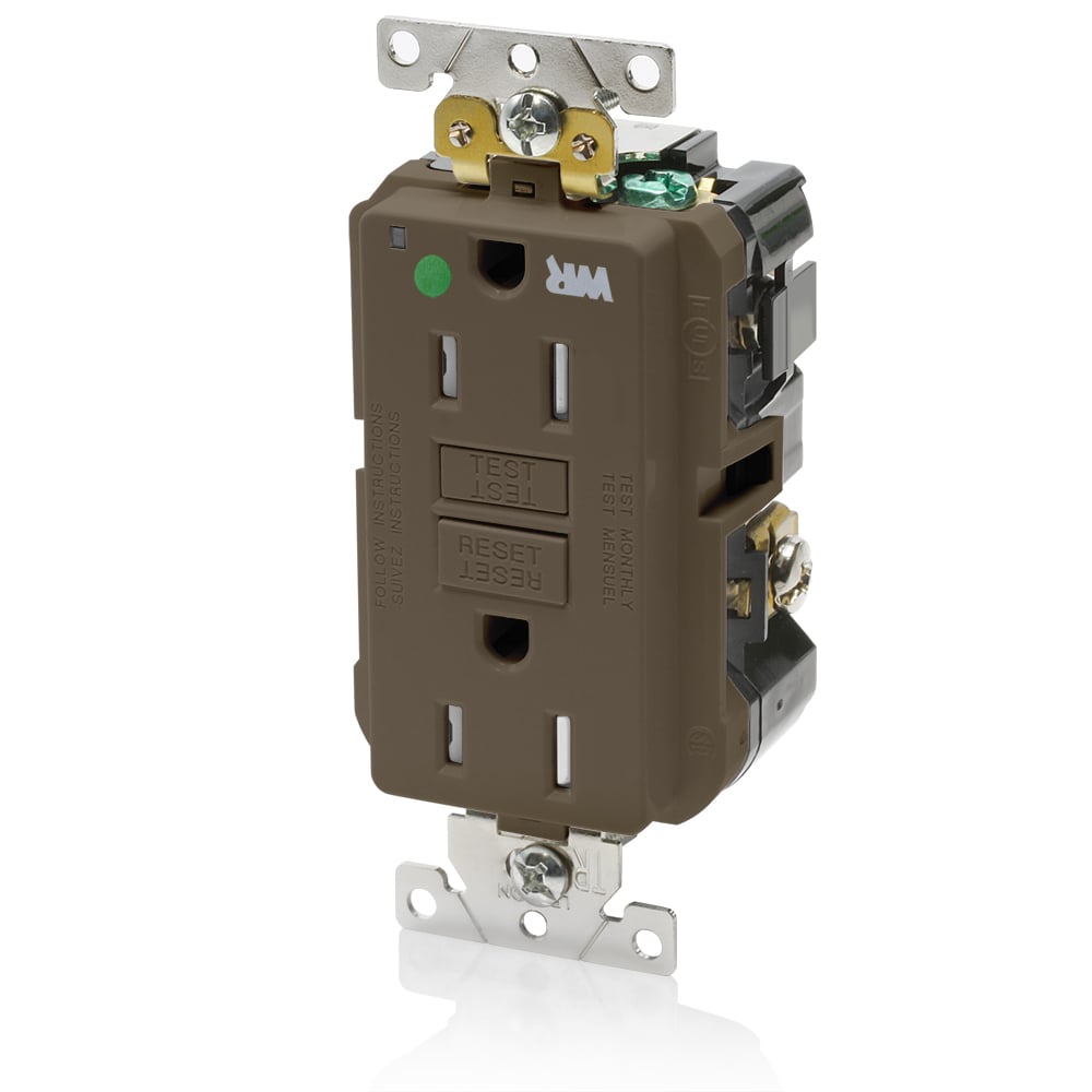 15 Amp, 125 Volt, SmartlockPro Self-Test GFCI Duplex Receptacle , NEMA 5-15R, 2P, 3W, Extra-Heavy Duty Hospital Grade, Weather & Tamper-Resistant, 20A Feed-Through, Back or Side Wired - BROWN