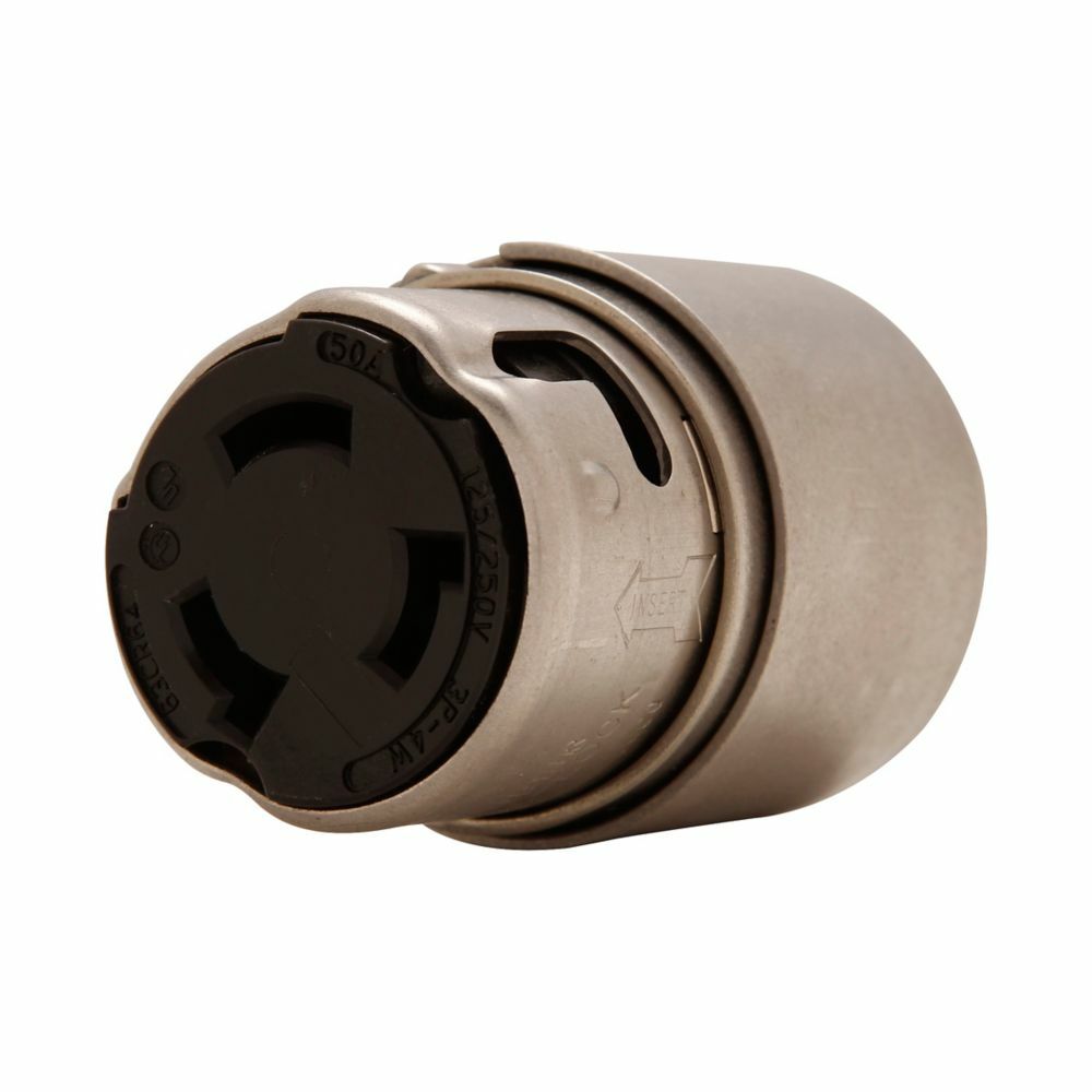 Eaton corrosion resistant locking connector , #12-6 AWG, 50A, Marine, 125/250V, Back wiring, Steel, Armored, Non-NEMA, Three-pole, Four-wire, Steel, 0.68 to 1.13 in