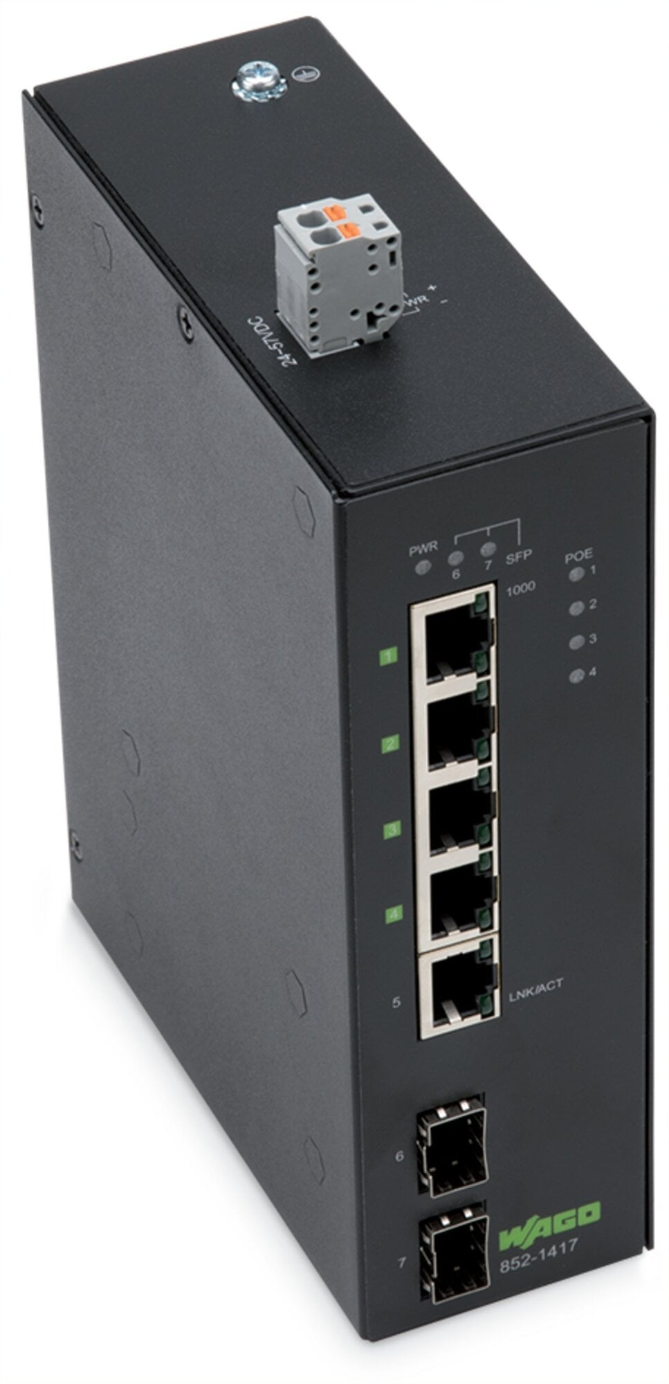 Industrial-ECO-Switch; 5-port 1000Base-T; 2-Slot 1000BASE-SX/LX; Extended temperature range; 4 * Power over Ethernet