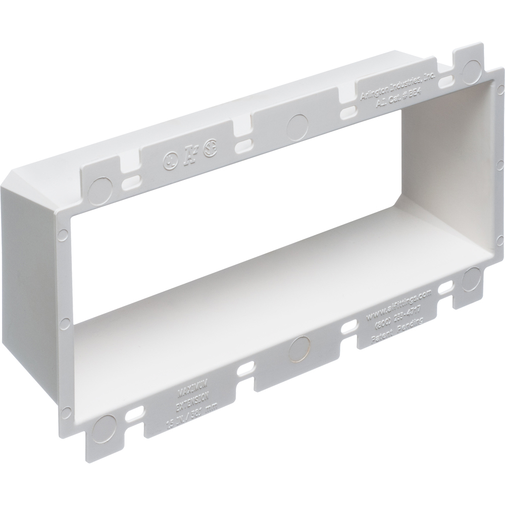 Box Extender, levels and supports the wiring device where the box is set back from the wall surface extends the box up to 1-1/2". 2 hour fire rating. four gang.