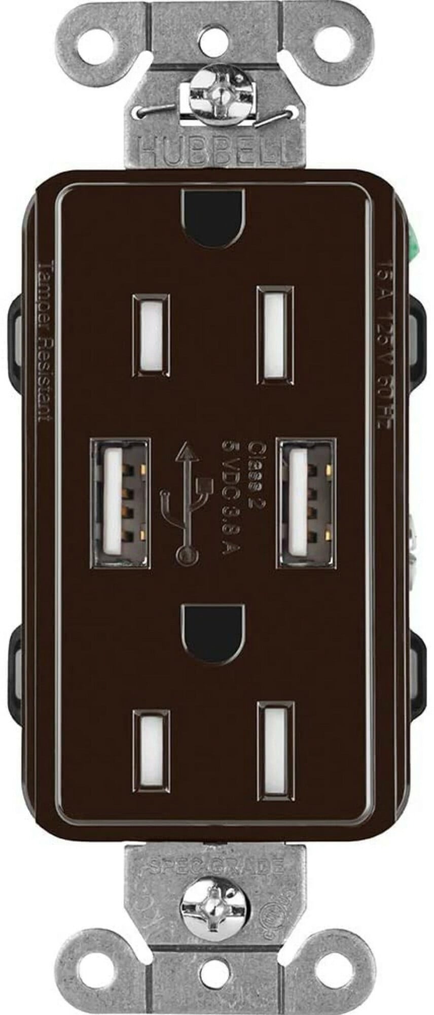 Lutron Claro USB Type A 2.0 Duplex Receptacle, 15 Amp, Brown