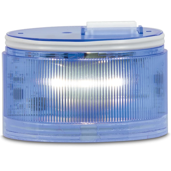 Radiant Multi-Pattern Light Module, Fresnel Lens, Blue - Modular design allows for up to 7 light modules, 6 light modules plus 1 sound module (1 channel) or 5 light modules plus 1 sound module (2 channels). Five lamp/lens colors: Amber, Blue, Clear, Green and Red. Four integrated flash patterns selectable via dip-switch. Compatible with 12-24VAC/DC or 120-240VAC (Voltage dependent on selected wiring module). Indoor/Outdoor use. PLC compatible. Type 4X, IP65, enclosure when installed with both gaskets included with each module. IP69K compliant when installed with both gaskets included with each module. UL and cUL Listed, CE Certified.